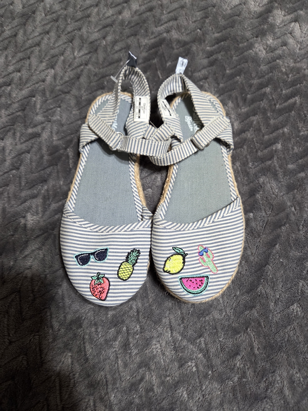 OshKosh B'gosh Blue and White Striped Mary Jane Flats with Fruit Patches